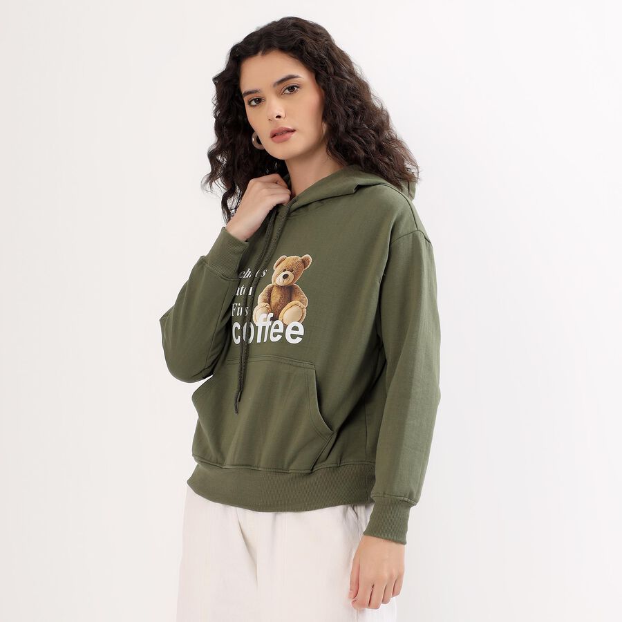 Women's Muted Olive Green Hooded Neck Casual Sweatshirt, ओलिव, large image number null