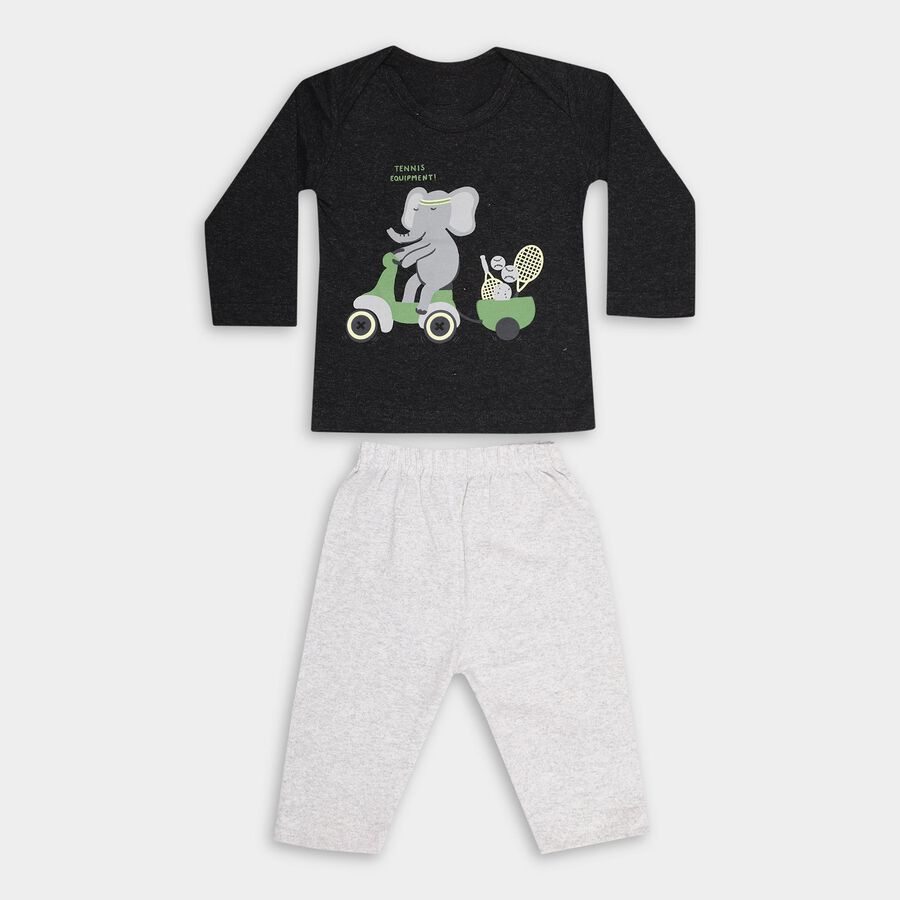 Infants' Charcoal Grey Cotton Boat Neck Graphic Baba Suit, Charcoal, large image number null