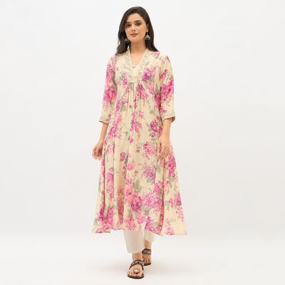 Women's Light Beige Floral Printed Ethnic Set