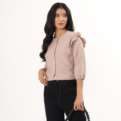 Women's Beige Mock Neck Textured Top