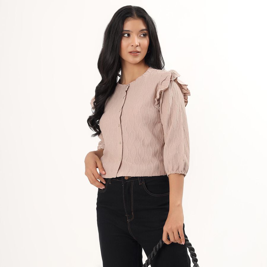 Women's Beige Mock Neck Textured Top, गहरा पीला, large