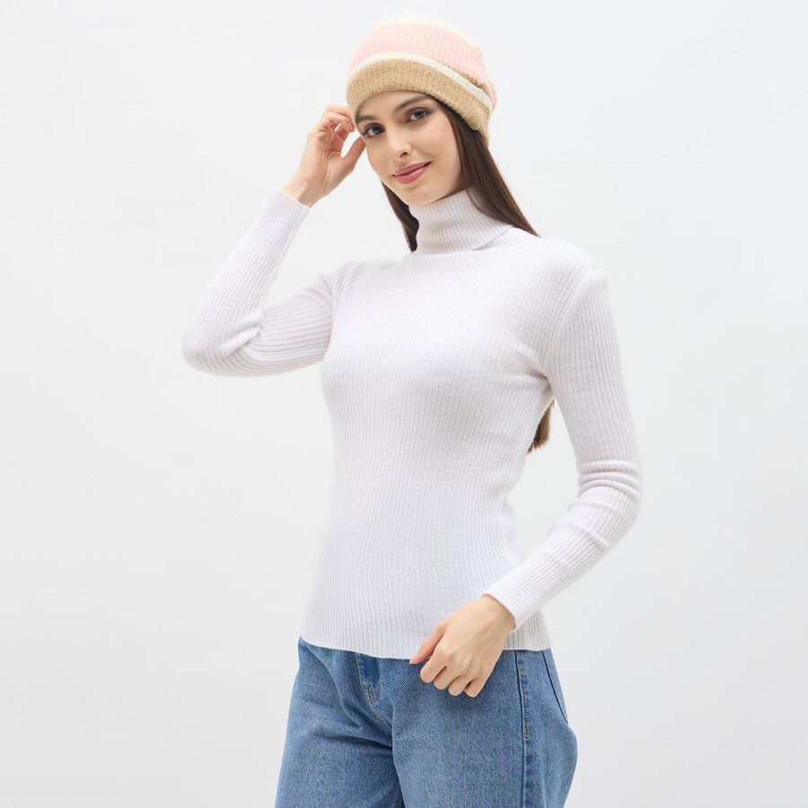 Women's Pastel Pink and Beige Striped Knitted Beanie Cap, हल्का गुलाबी, large image number null