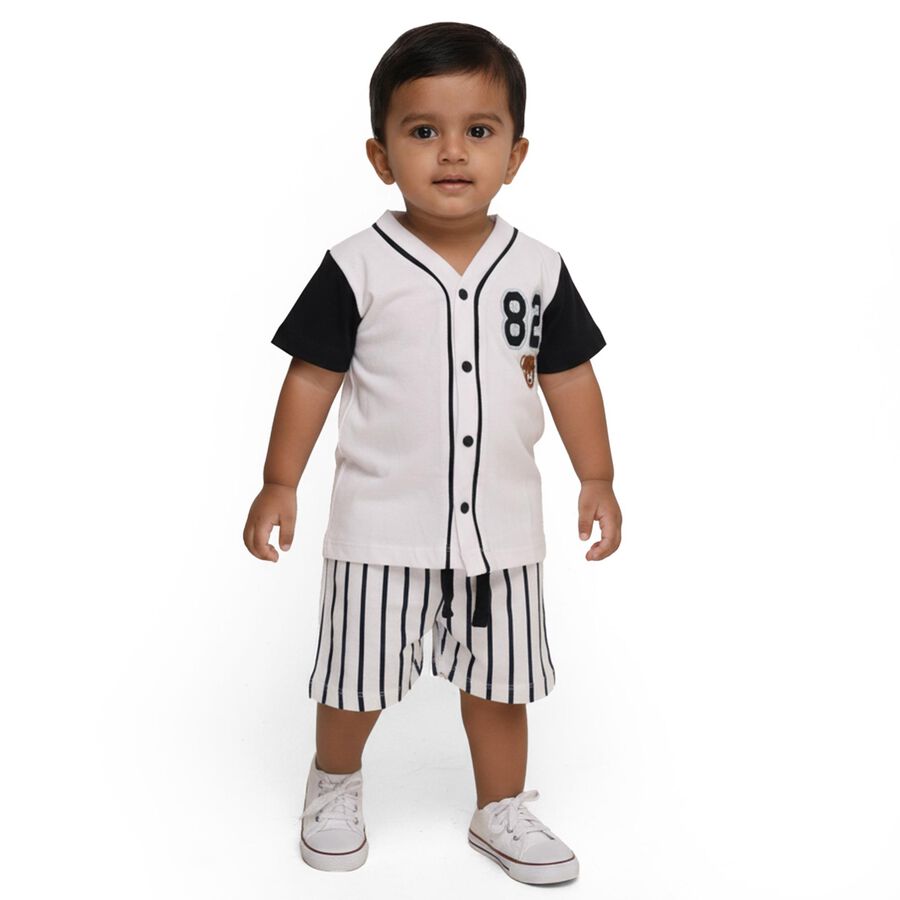 Infants' White Cotton V-Neck Applique Baba Suit, Navy Blue, large image number null