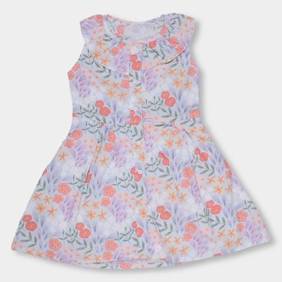 Girls' Light Lavender Floral Printed Sleeveless Flared Frock