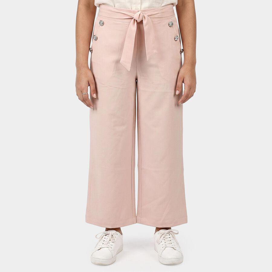 Girls' Pink Wide Leg Tie-Up Trousers, Light Pink, large