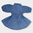 Girls' Deep Steel Blue Flared Embellished Short Sleeve Frock, Mid Blue, small