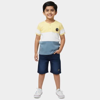 Boys' Yellow Cotton Round Neck Color-Blocked Baba Suit