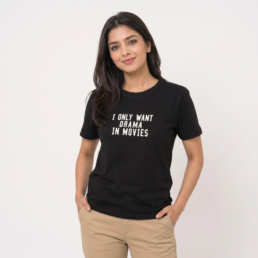 Women's Black Round Neck Regular T-Shirt, Black, large