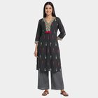 Women's Black Cotton Round Neck Embroidered Kurta, Black, small