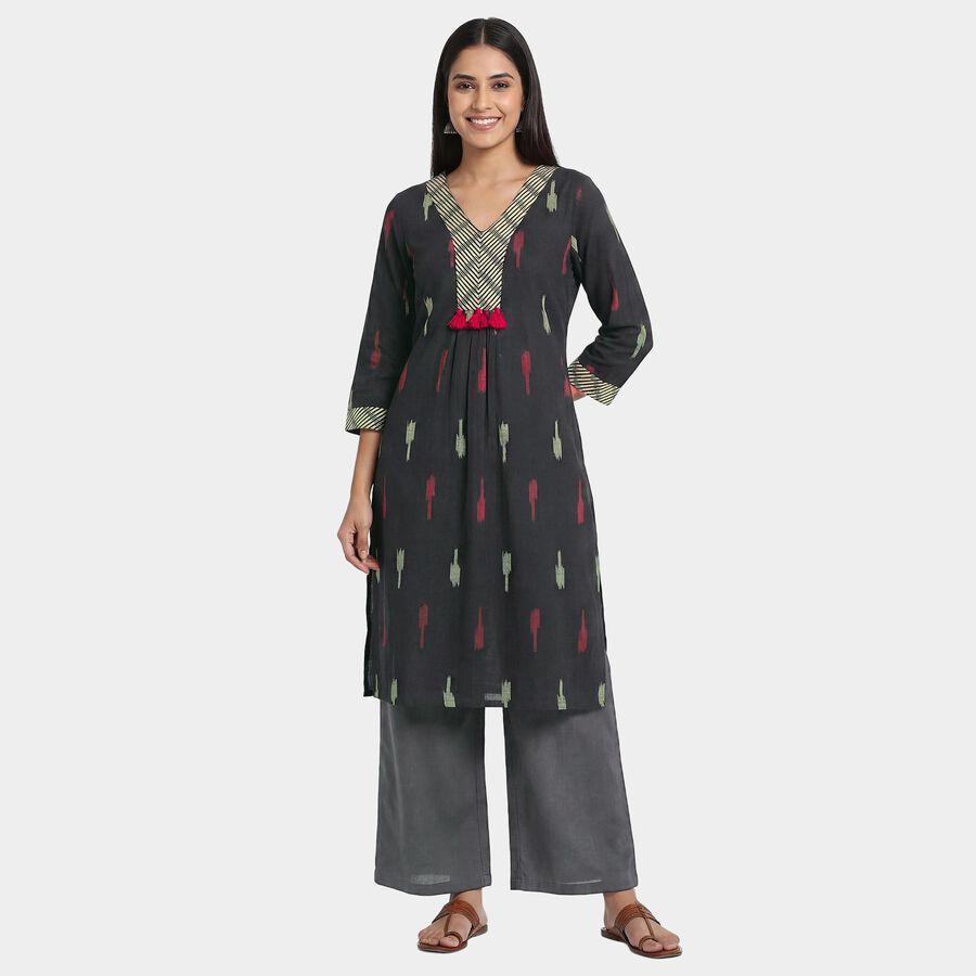 Women's Black Cotton Round Neck Embroidered Kurta, Black, large