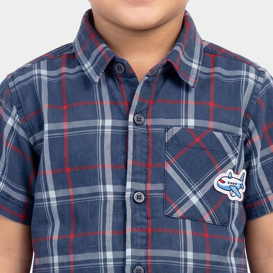 Boys Navy Blue Cotton Short Sleeves Collar Shirt, Navy Blue, large