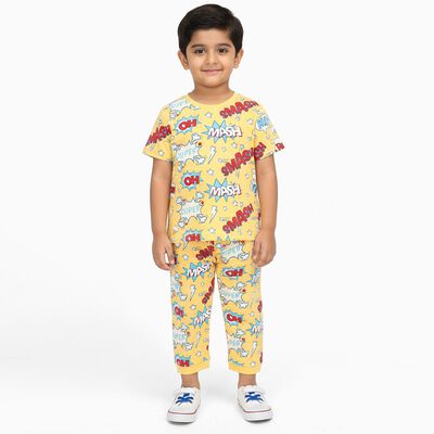 Boys Bright Yellow Cotton Round Neck Printed Night Suit
