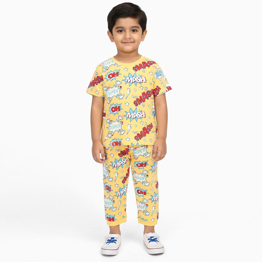 Boys Bright Yellow Cotton Round Neck Printed Night Suit, पीला, large image number null