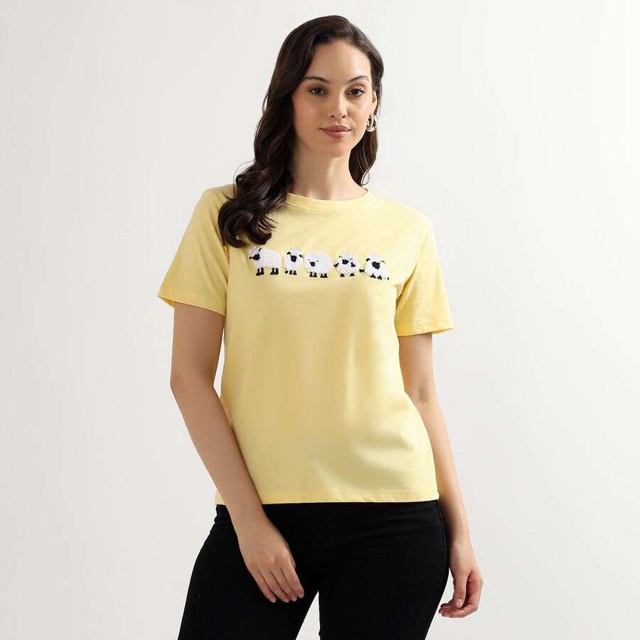 Ladies' 100% Cotton Round Neck T-Shirt, Yellow, large image number null