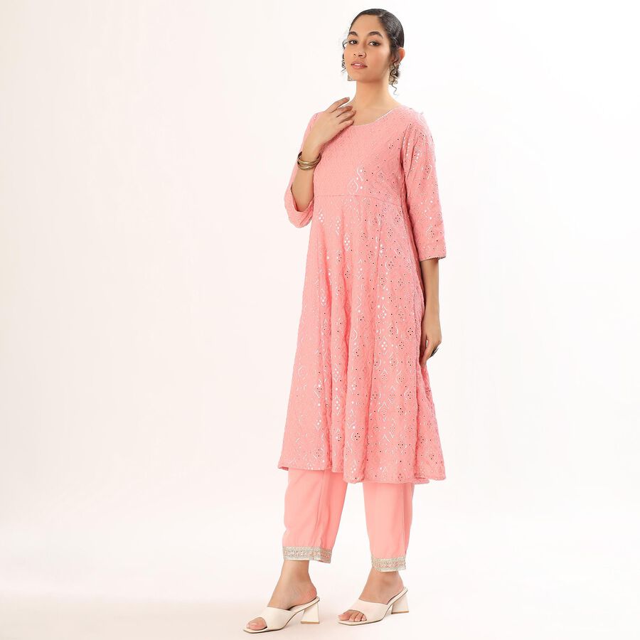 Women's Soft Peach Pink Round Neck Embroidered Anarkali Kurta, Light Pink, large image number null
