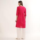 Women's Fuchsia White Cotton Notch Neck Printed Kurta, रानी (फ्यूशिया), small