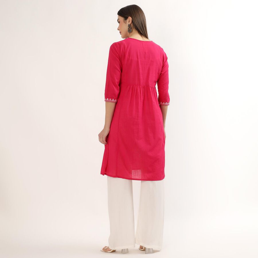 Women's Fuchsia White Cotton Notch Neck Printed Kurta, रानी (फ्यूशिया), large
