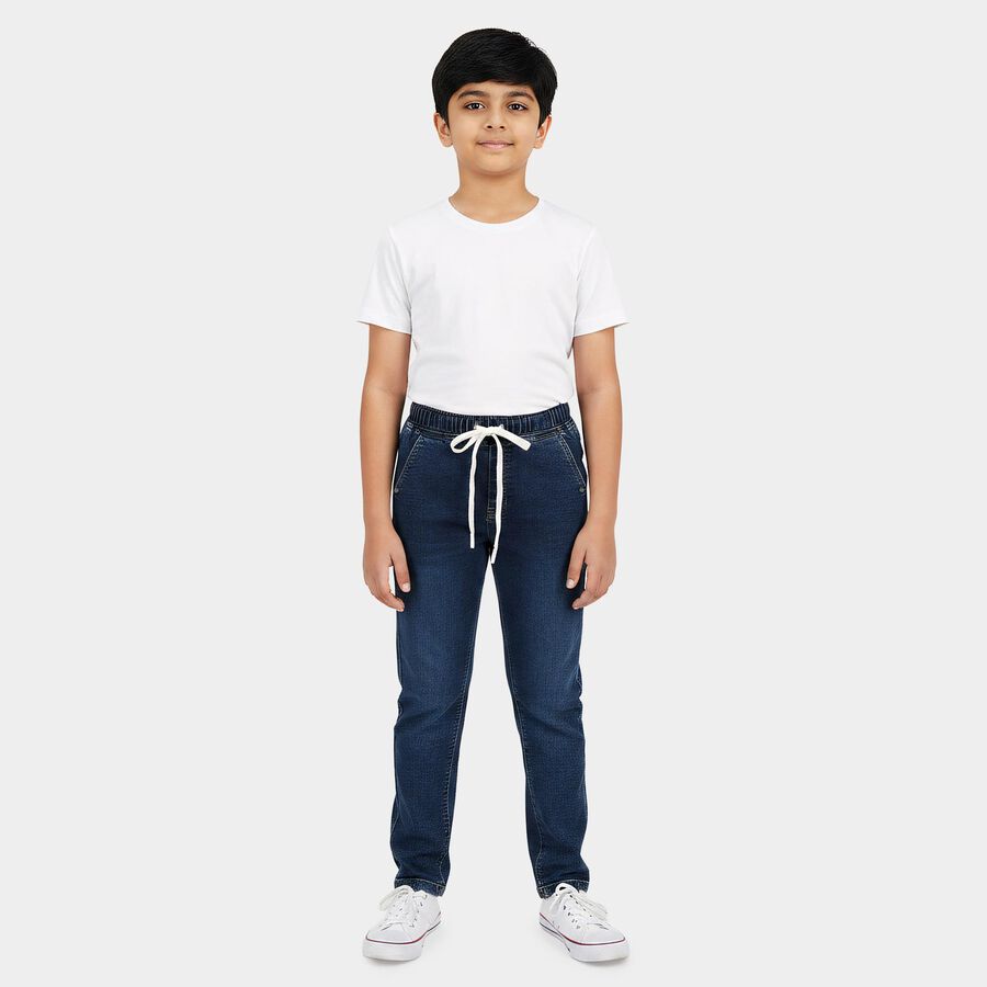 Boys' Navy Blue Slim Fit Drawstring Waist Jeans, मध्यम नीला, large