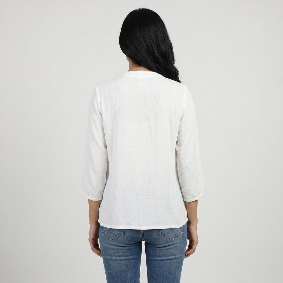 Women's White Embroidered Mandarin Collar Regular Fit Shirt, सफ़ेद, large