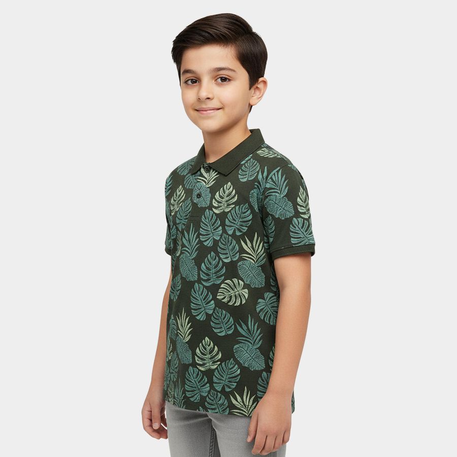 Boys' Olive Cotton Round Neck Graphic Printed Half Sleeve T-Shirt, Olive, large
