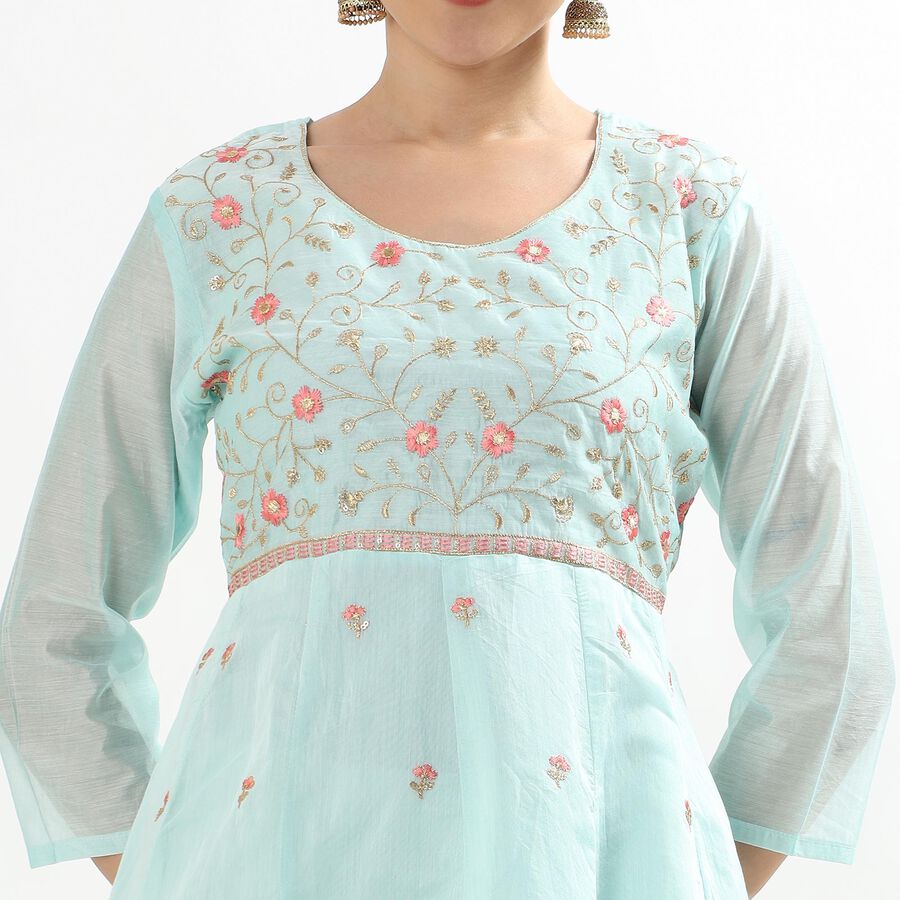 Ladies' Light Aqua Blue Round Neck Embroidered Flared Kurta, Aqua, large image number null
