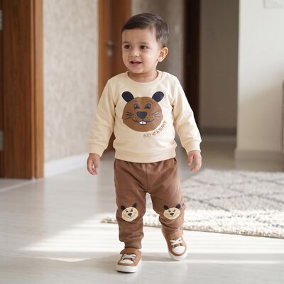 Infants' Beige Round Neck Graphic Baba Suit