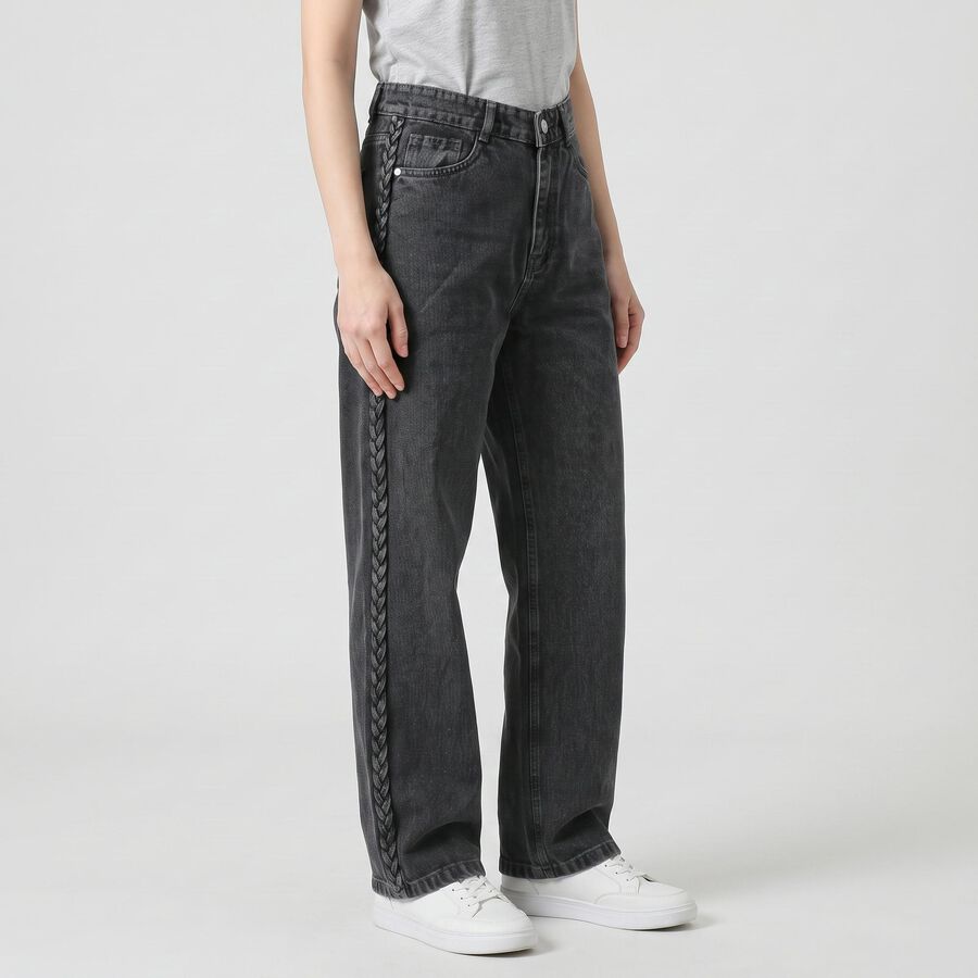 Women's Dark Grey Braided Side Detail Jeans, गहरा ग्रे, large