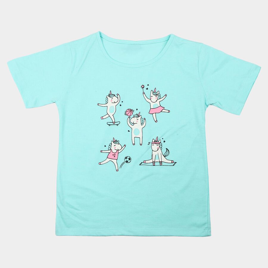 Girls' Aqua Cotton Blend Round Neck Regular T-Shirt, Aqua, large