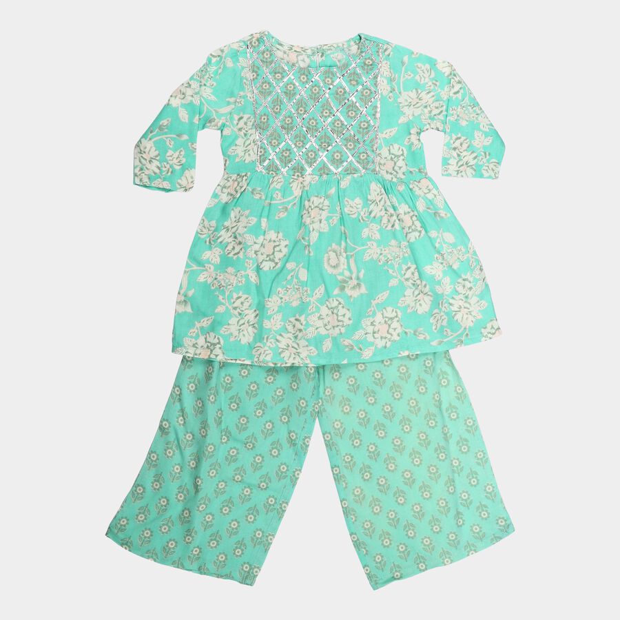 Girls Mint Green Round Neck Fusion Set Fusion Set, हल्का हरा, large