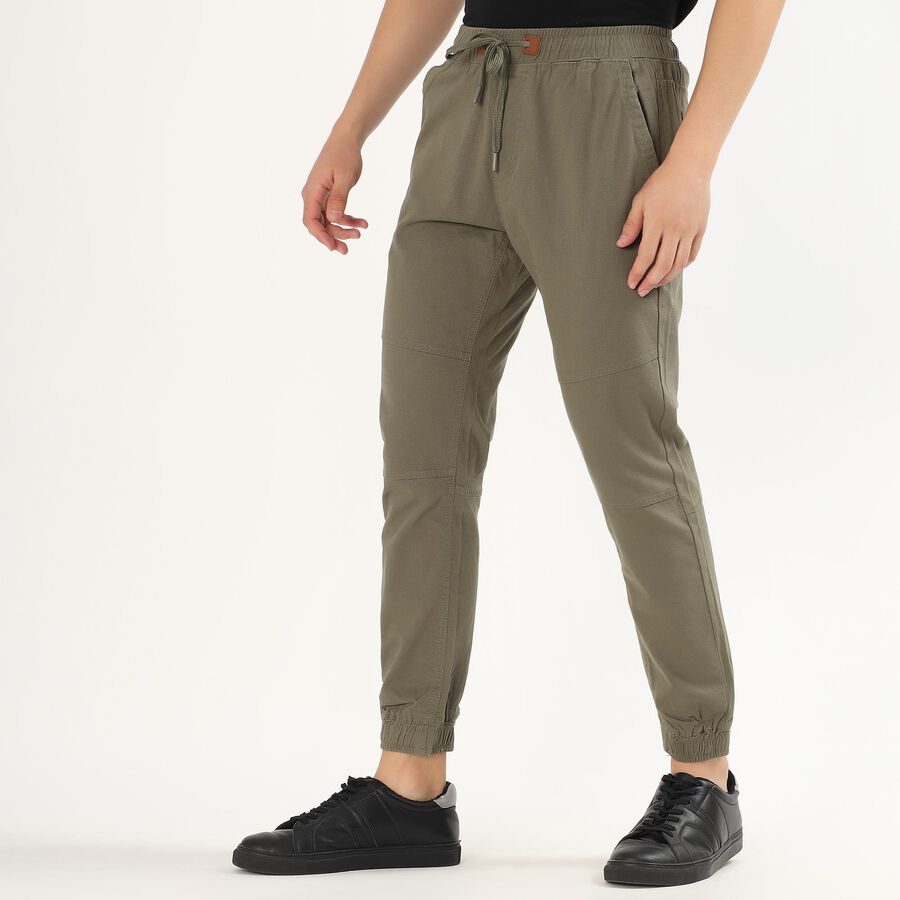 Men's Muted Olive Green Slim Fit Elastic Waist Casual Trousers, Light Green, large