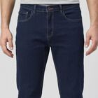 Men's Navy Blue Straight Fit Washed Jeans, मध्यम नीला, small