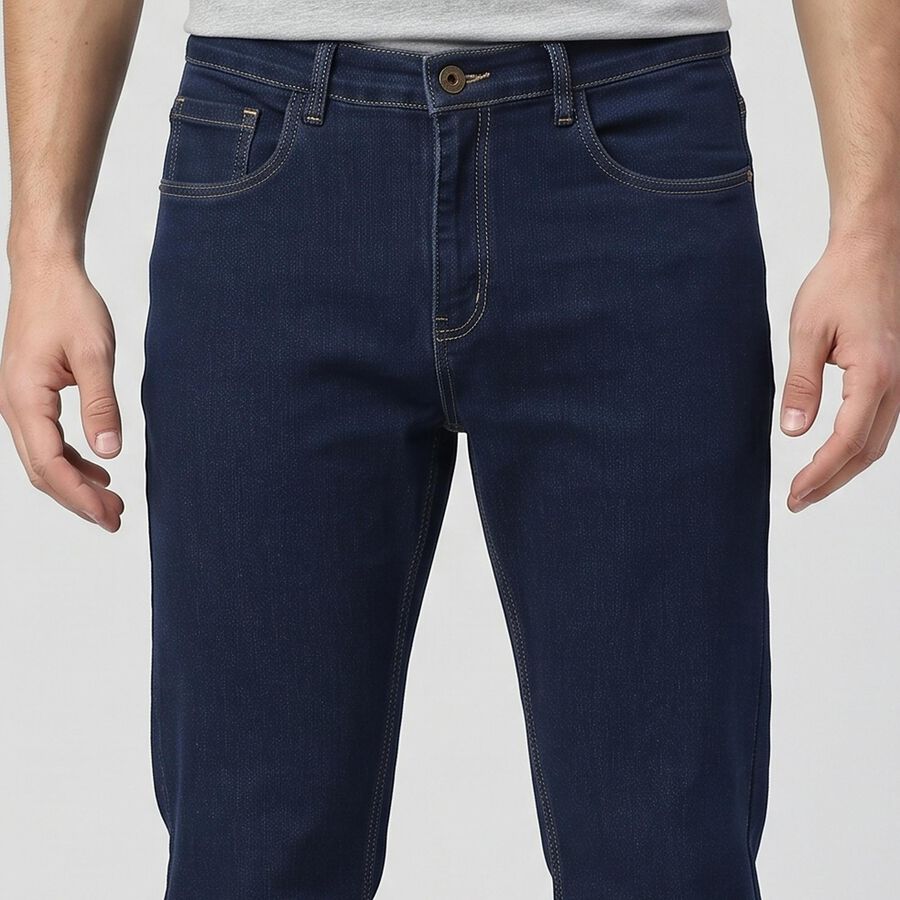 Men's Navy Blue Straight Fit Washed Jeans, मध्यम नीला, large