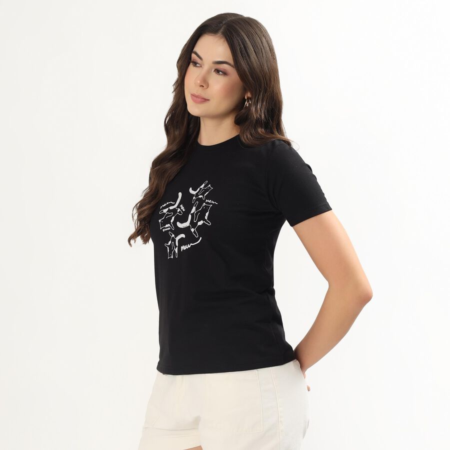 Women's Black Round Neck Graphic Casual T-Shirt, Black, large
