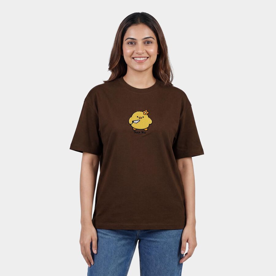 Women's Brown Cotton Round Neck Casual T-Shirt, Brown, large