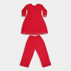 Girls' Bright Cherry Red Embroidered Kurta and Pant Fusion Set, Fuchsia, small