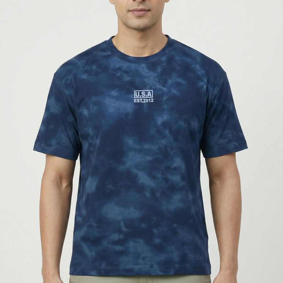 Men's Dark Blue Round Neck Casual T-Shirt, गहरा नीला, large