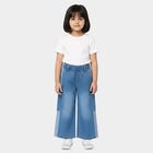 Girls' Light Blue Wide Leg Cargo Style Jeans, मध्यम नीला, small