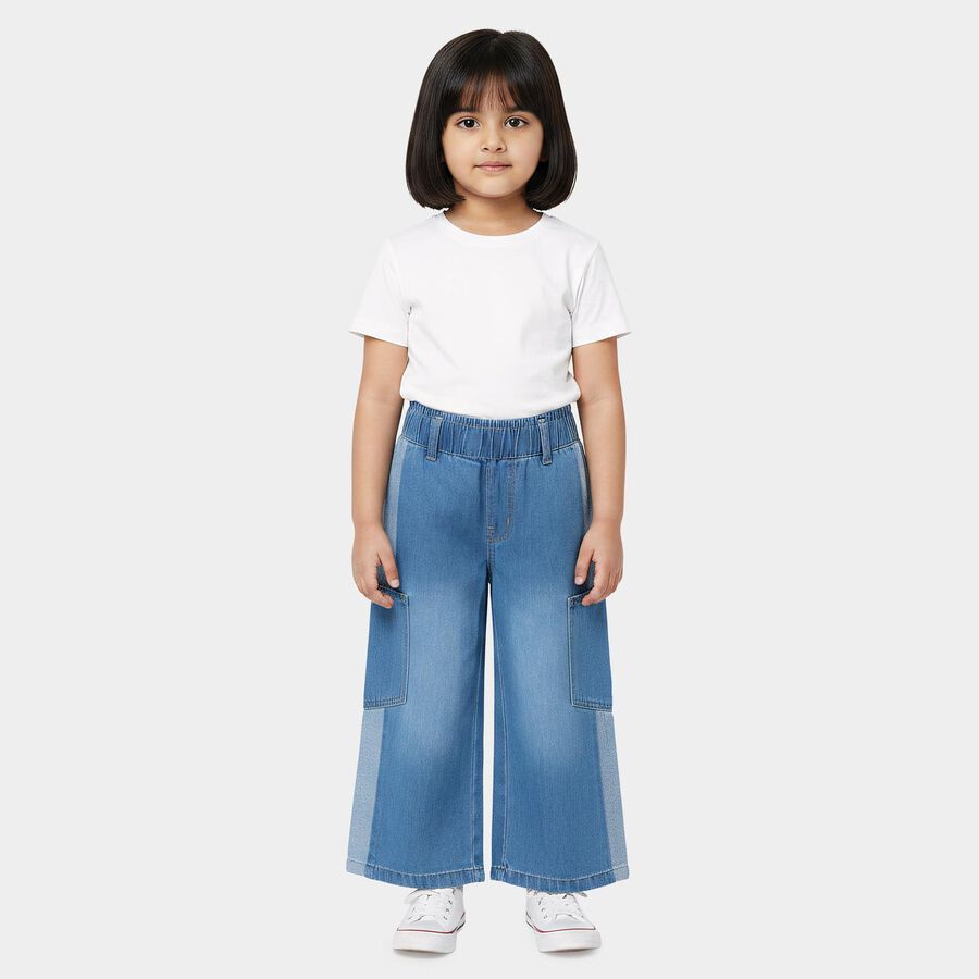 Girls' Light Blue Wide Leg Cargo Style Jeans, मध्यम नीला, large