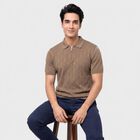 Men's Beige Cotton Polo Neck Geometric Polo T-Shirt, गहरा पीला, small