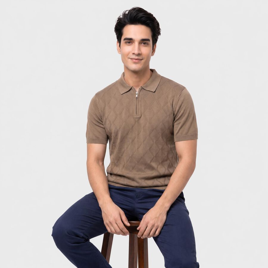 Men's Beige Cotton Polo Neck Geometric Polo T-Shirt, गहरा पीला, large