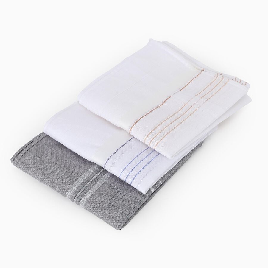 Men's White and Grey Checked Pack of 3 Handkerchief, White, large