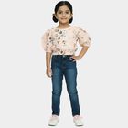 Girls' Peach Round Neck Floral Printed Puff Sleeve T-Shirt, Peach, small