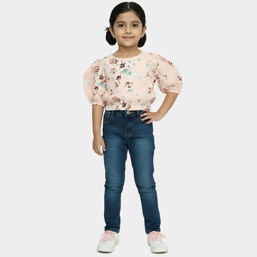 Girls' Peach Round Neck Floral Printed Puff Sleeve T-Shirt, Peach, large