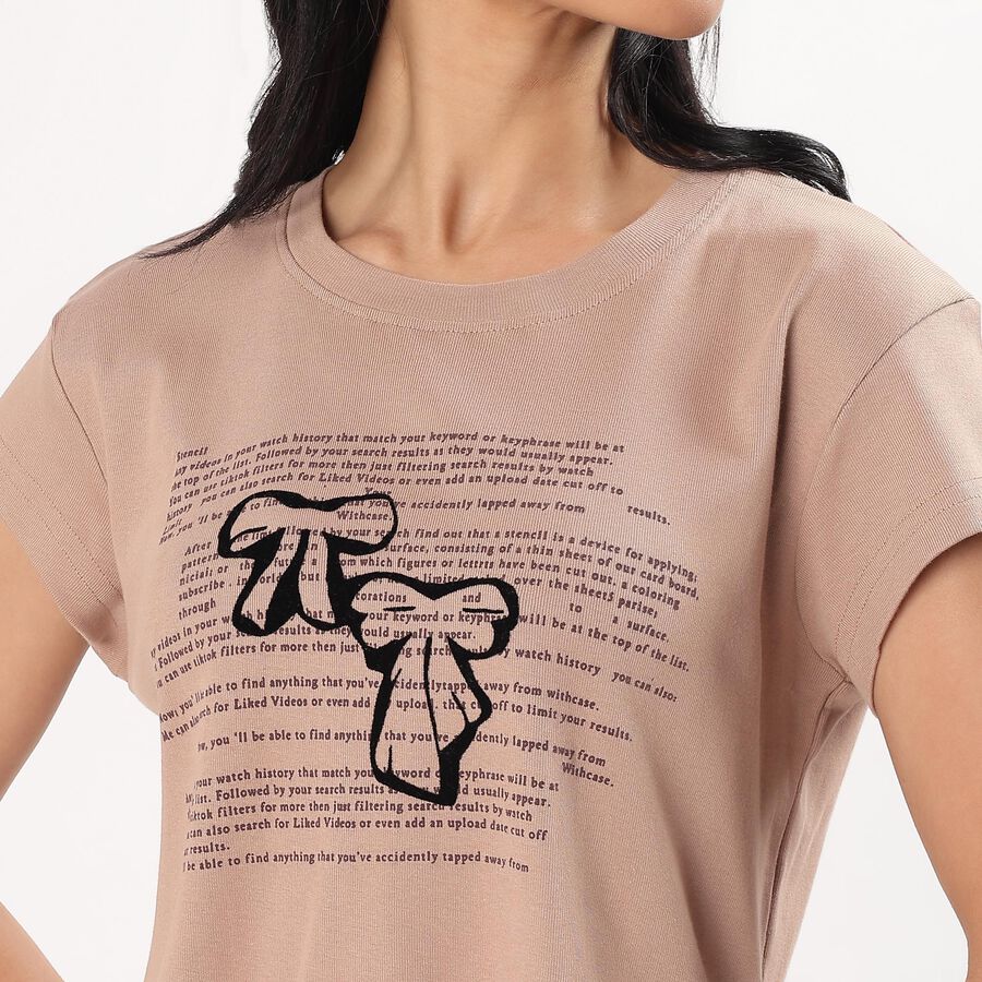 Women's Beige Cotton Round Neck Graphic T-Shirt, Beige, large