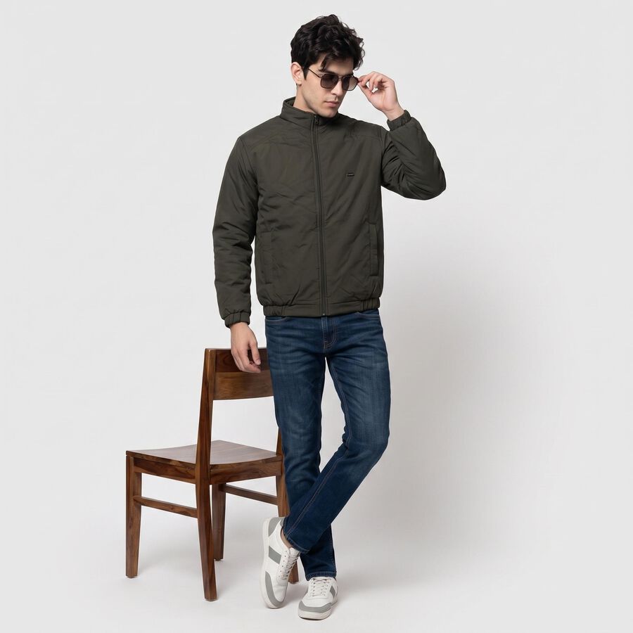 Men's Olive Green Stand Collar Bomber Jacket, Olive, large