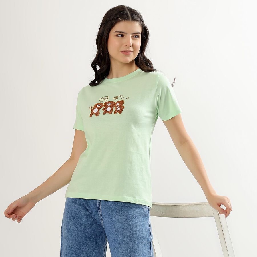 Women's Mint Green Cotton Round Neck T-Shirt, Light Green, large image number null