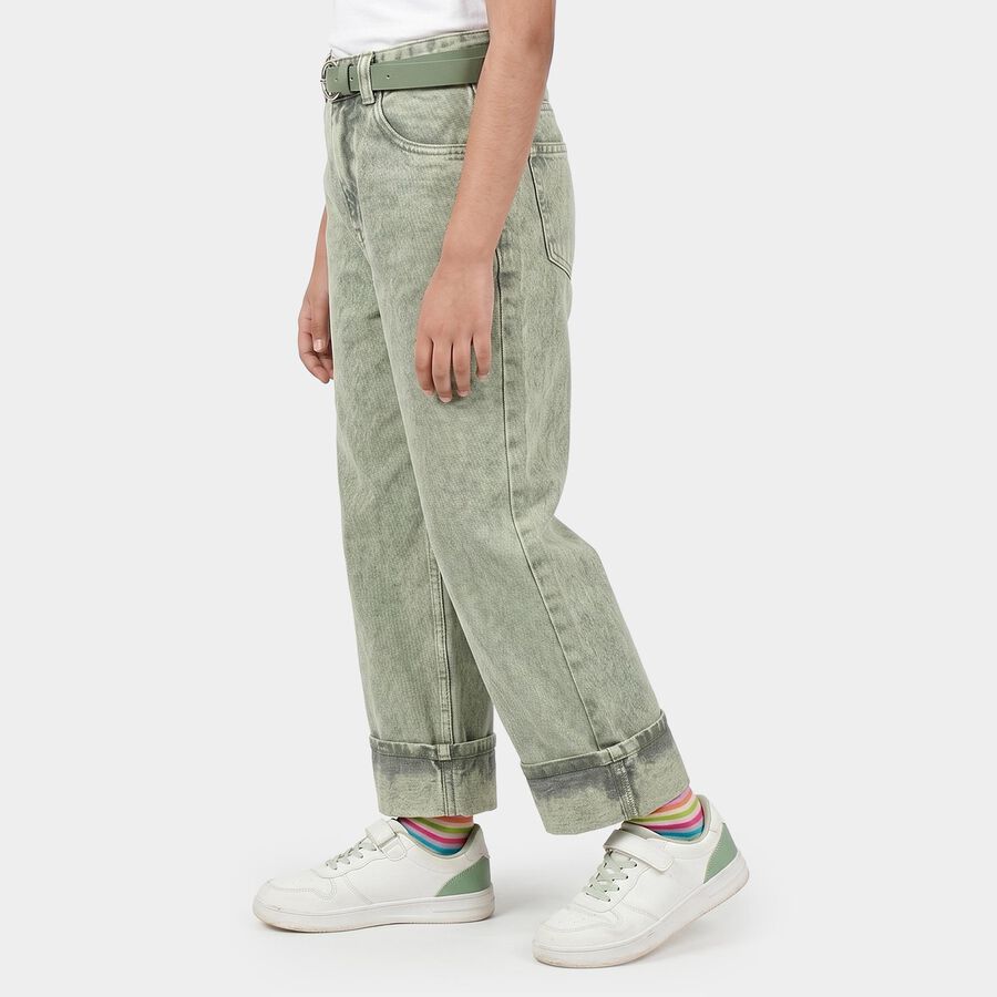 Girls' Green Wide Leg Washed Jeans, हल्का हरा, large