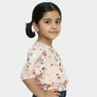 Girls' Peach Round Neck Floral Printed Puff Sleeve T-Shirt, Peach, small