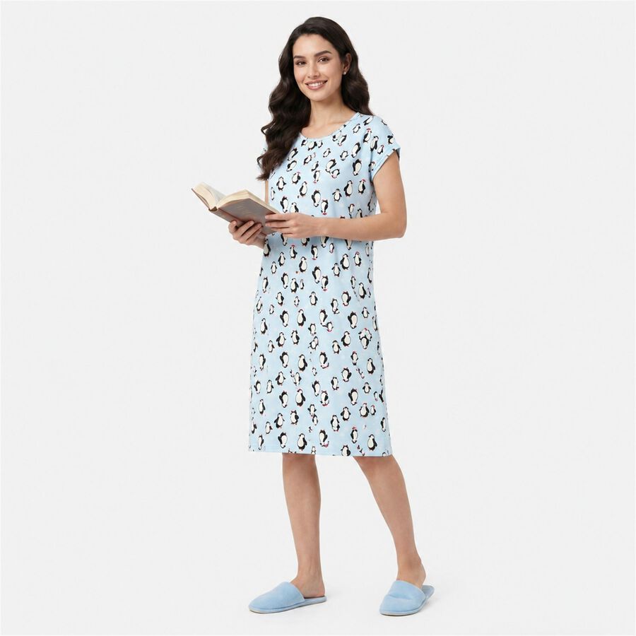 Women Light Blue Round Neck T-Shirt Style Nighty, Light Blue, large
