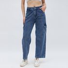 Women's Stonewashed Blue Wide Leg Cargo Jeans, मध्यम नीला, small image number null